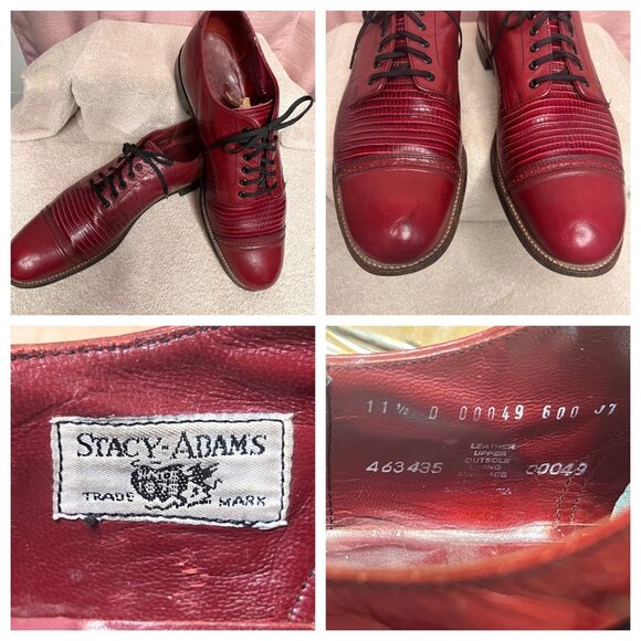 Stacy Adams Men Red Leather Dress Shoes Lizard Cap Toe Oxford Size 11.5D VTG - Picture 11 of 16
